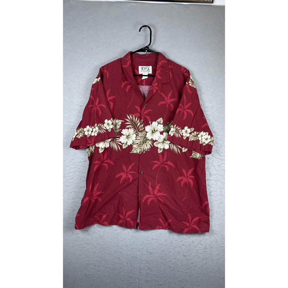KY'S Shirt Mens 2XL Red Floral Hawaiian Short Sleeve Button Front Made In Hawaii